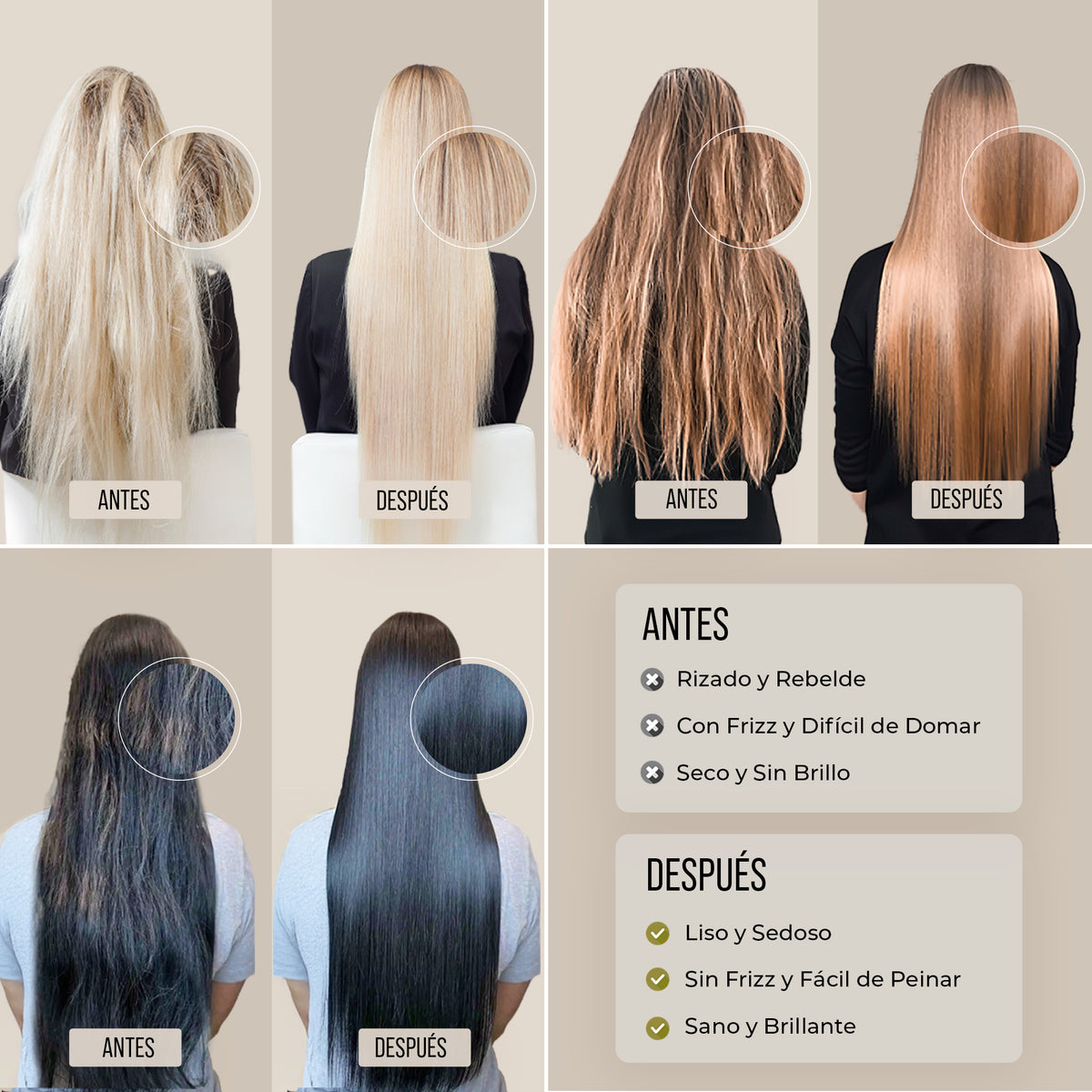 Comparación antes y después en tres tipos de cabello: encrespado, rebelde y apagado antes – liso, sin frizz y brillante tras el alisado de keratina