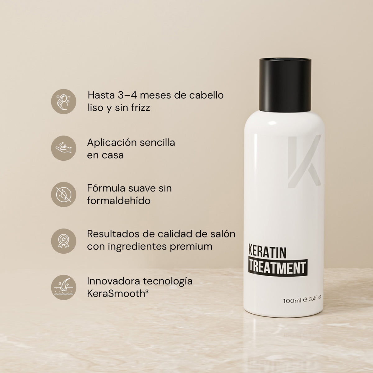 KERAZUL® Keratin Treatment de 100 ml con cinco ventajas: hasta 3–4 meses de cabello liso sin frizz, aplicación sencilla en casa, fórmula sin formaldehído, calidad de peluquería y tecnología KeraSmooth³