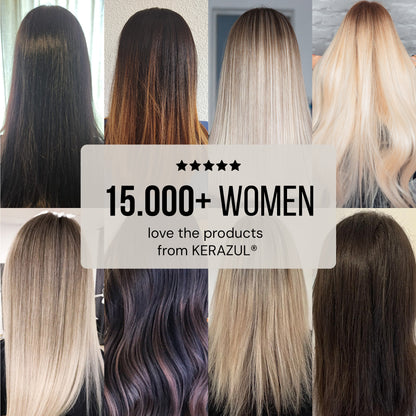 Eight customer photos of smooth hair with a five-star rating: over 15,000 women love KERAZUL® products